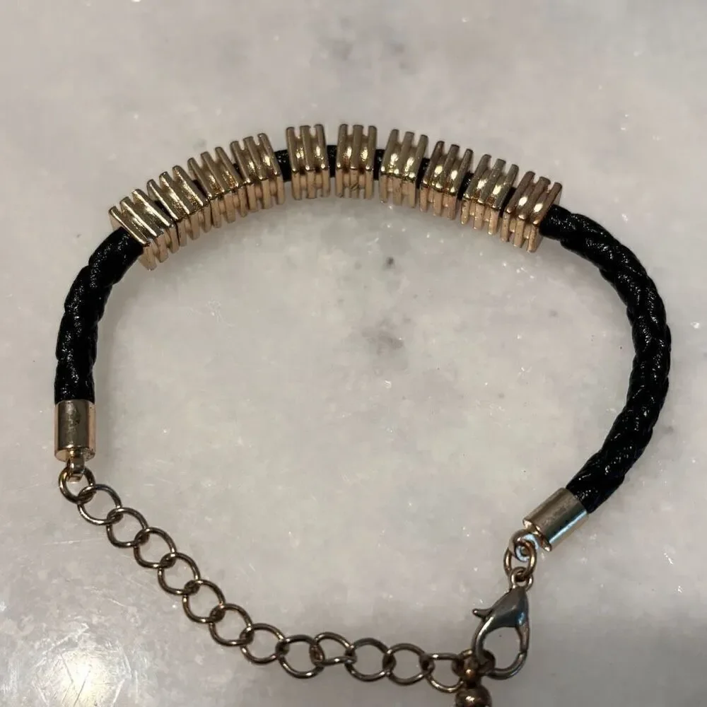 Vtg Zara Braided Rope Leather Cord Linked Square Disc Bracelet Goldtone Black OS